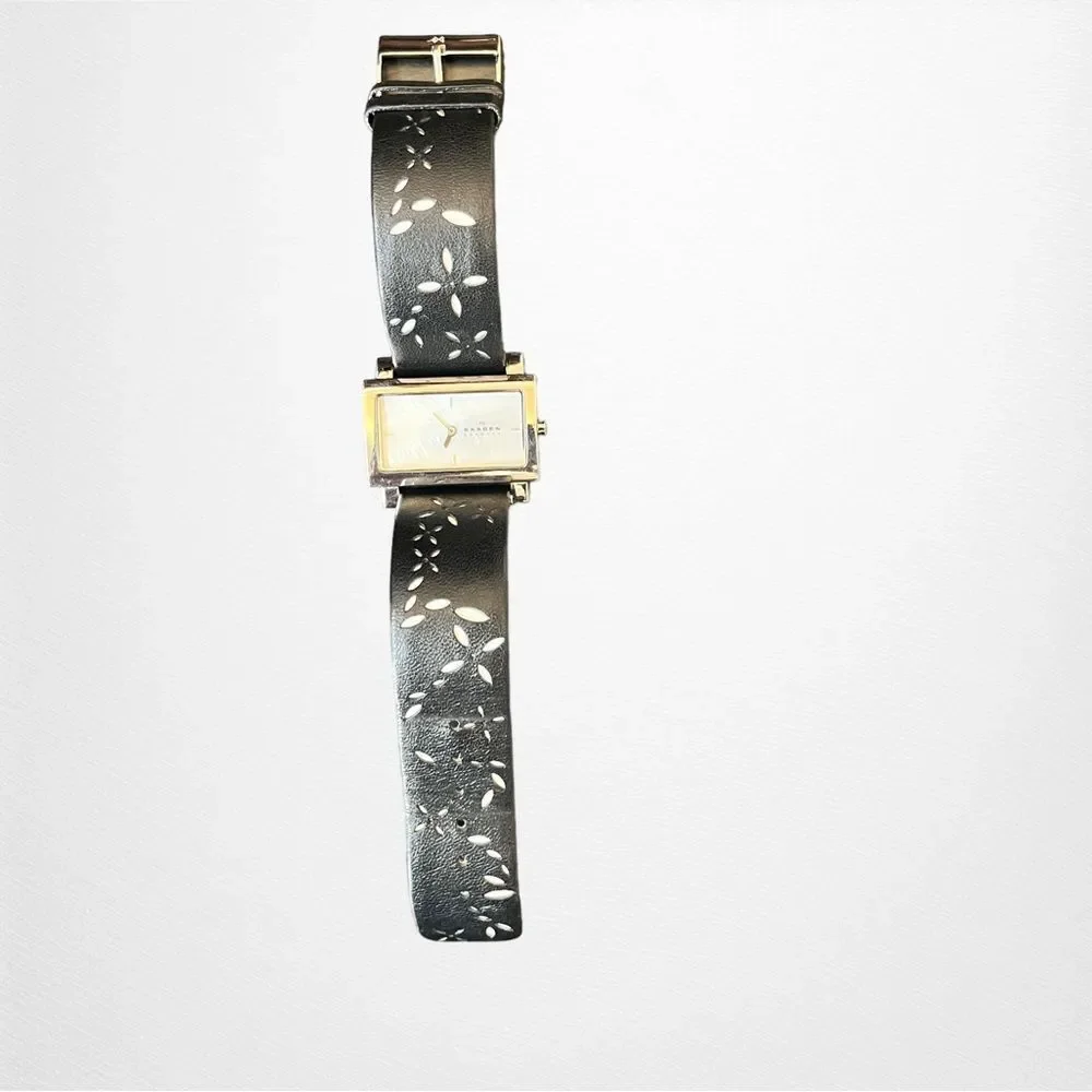 Skagen Black Leather Rectangle Face and Silver Tone Hardware Watch